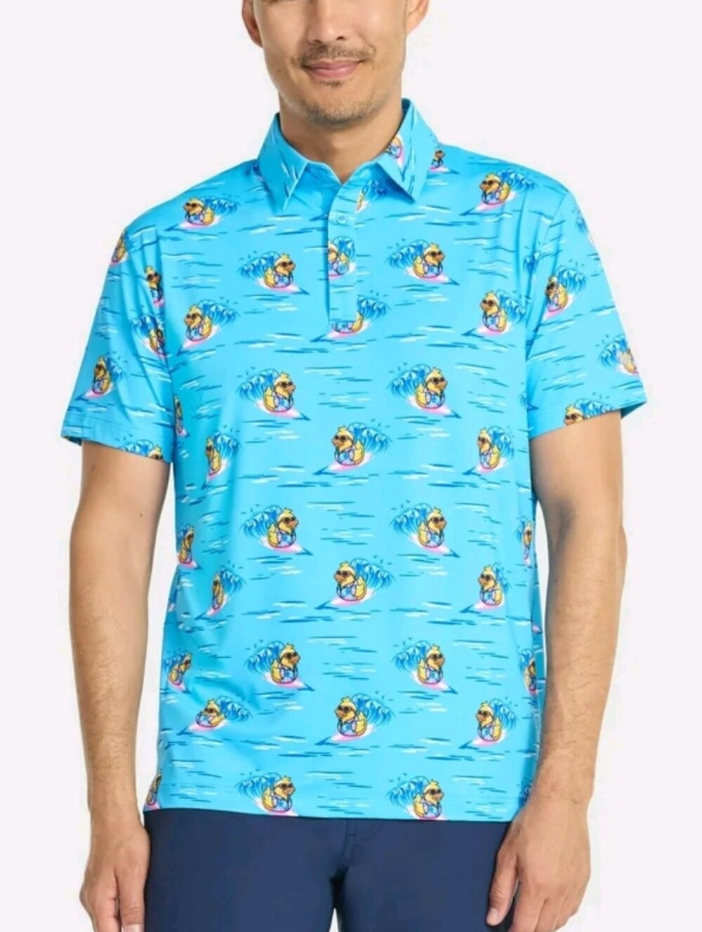NWT BirdieBound Bright Blue Surfing Duck Printed Golf Polo Shirt